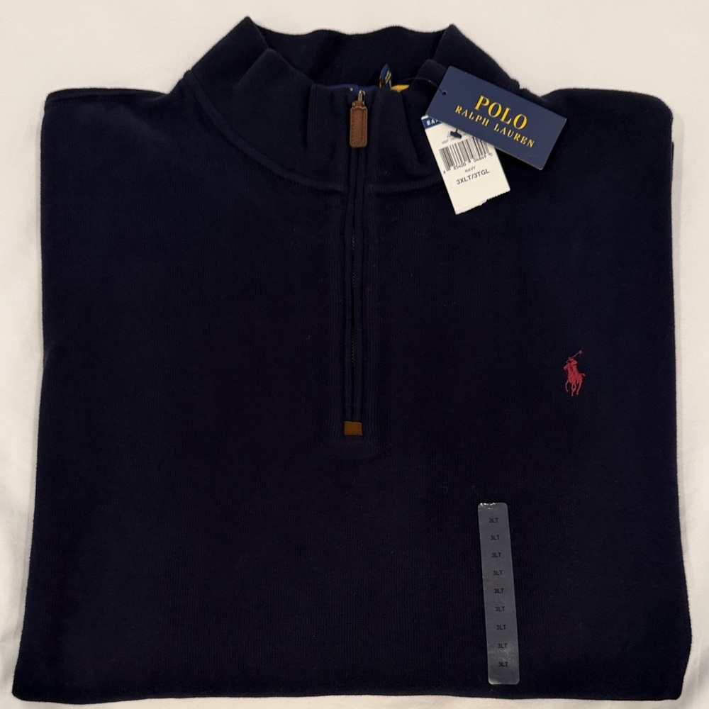 NWT Polo Ralph Lauren Men’s Big & Tall Navy Estate Rib 1/4 zip pullover 3XLT